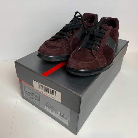 Prada Burgundy Suede Sneakers with Black Leather - Picture 2 of 11